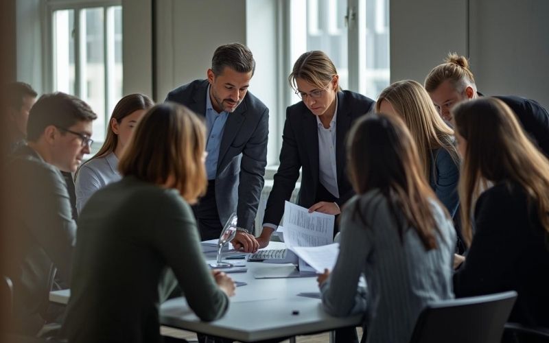 Mitarbeiter einer Stadtverwaltung besprechen gemeinsam Unterlagen im B&uuml;ro