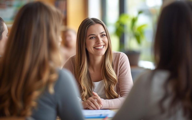 Freundliche Erzieherin im Teamgespräch in heller Kita Umgebung – Social Media Recruiting für Kommunen