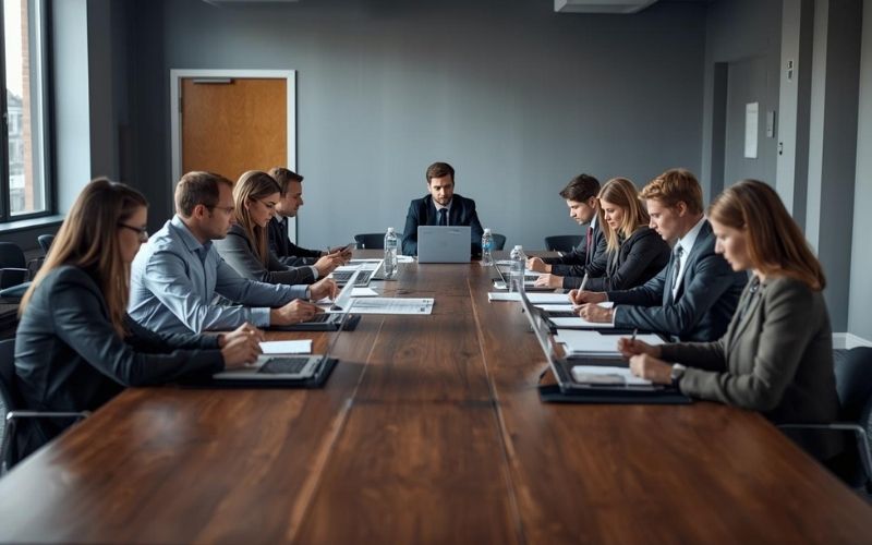 Mitarbeiter einer Stadtverwaltung besprechen gemeinsam Unterlagen in einem Meeting
